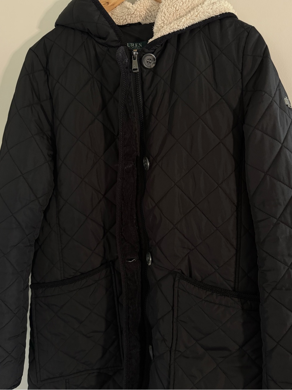 Lauren Ralph Lauren Women M Black Quilted Coat Faux Fur Hood Equestrian Lined - Picture 11 of 14